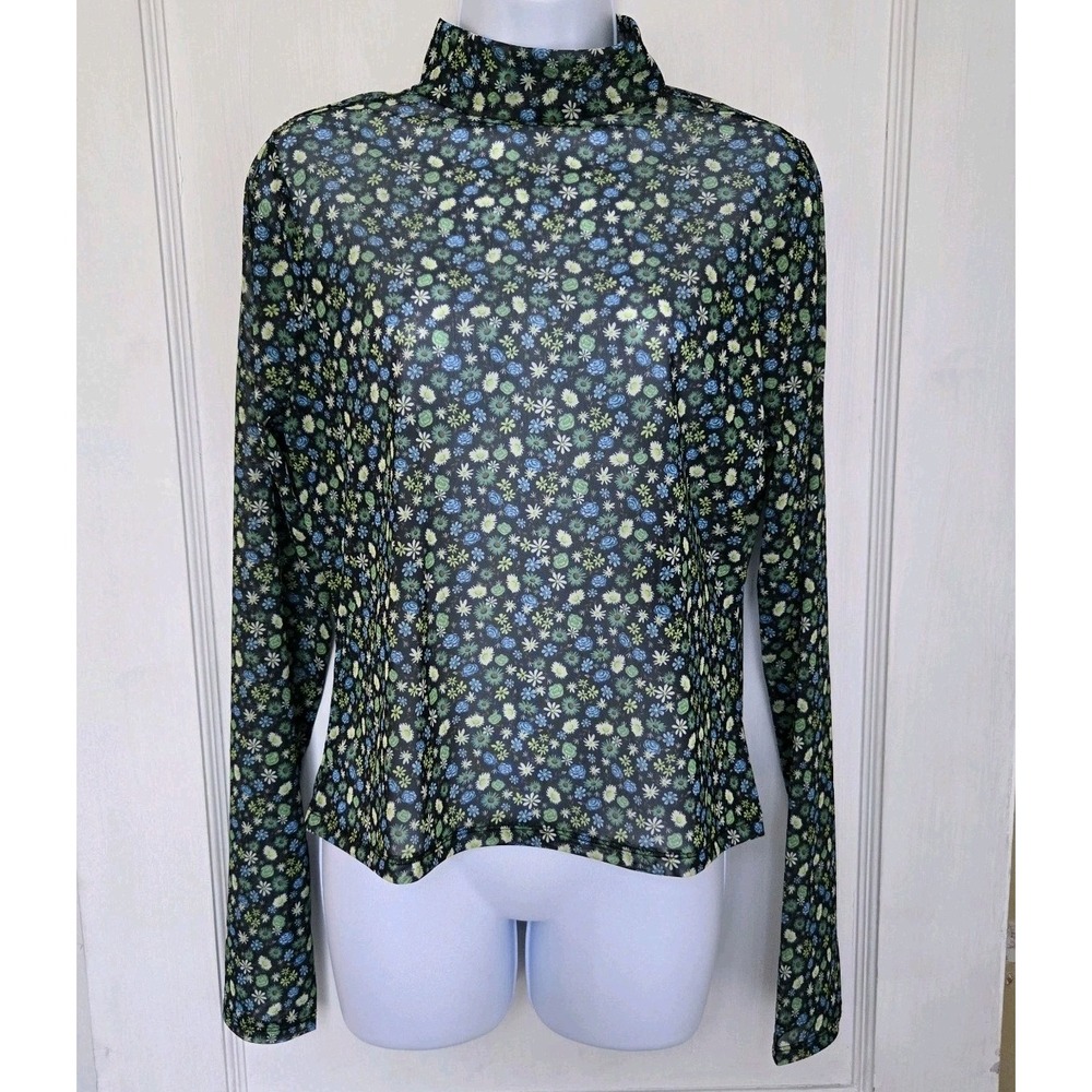SO Woman's Sheer Long Sleeve Top Mock Neck Black Green Blue White XXL